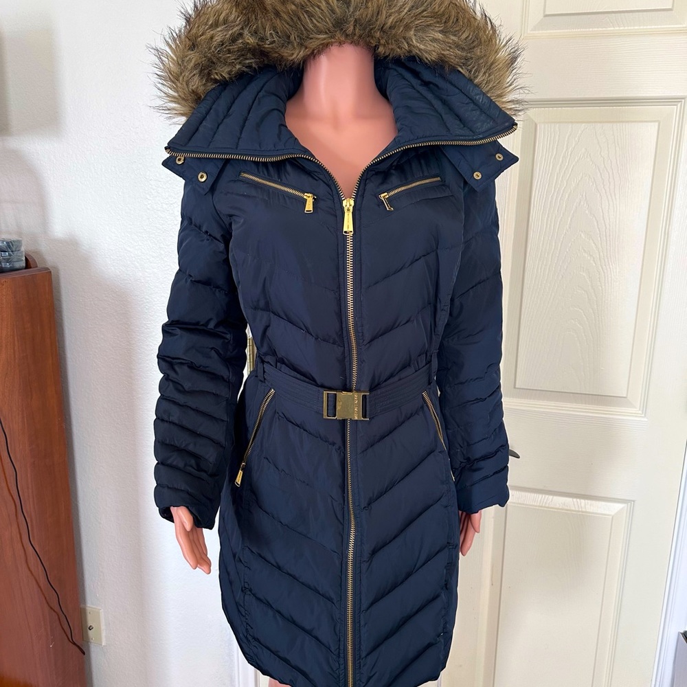 MICHAEL KORS - L Women's Faux-Fur-Trim Hooded Belted Chevron Down Puffer Coat
